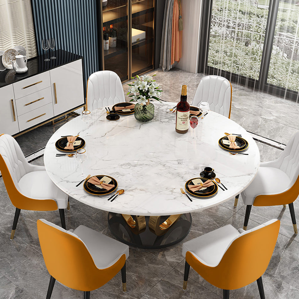 Dining Table Set 53" Round Faux Marble Top Dining Table White & Orange with 6 Chairs