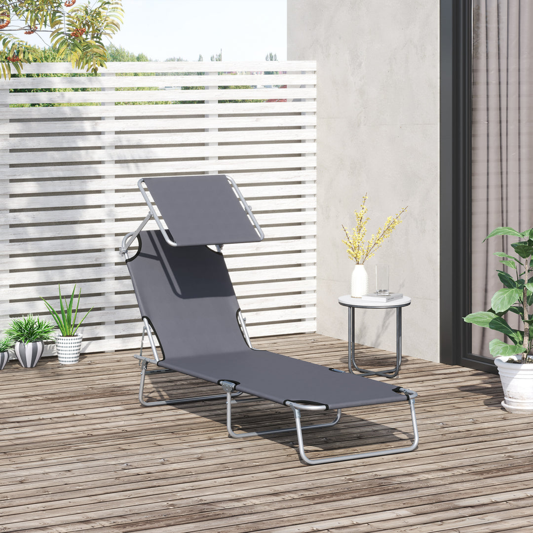 Reclining Chair Sun Lounger Folding Lounger Seat with Sun Shade Awning Beach Garden Outdoor Patio Recliner Adjustable (Grey)