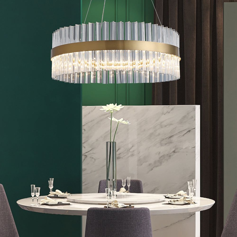 Fixedo Modern Glass Chandelier with Round Frame in Brass and Adjustable Cables