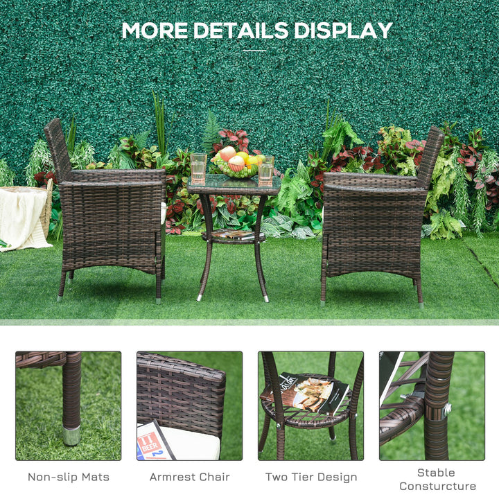 Waterproof Garden Outdoor Rattan Furniture Bistro Set 3 PCs Patio Weave Companion Chair Table Set Conservatory (Brown)