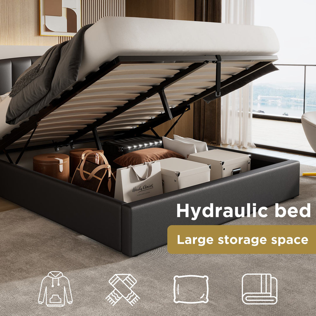 Double Stylish Upholstered Bed with Hydraulic Storage and Gold Edge Ear Design