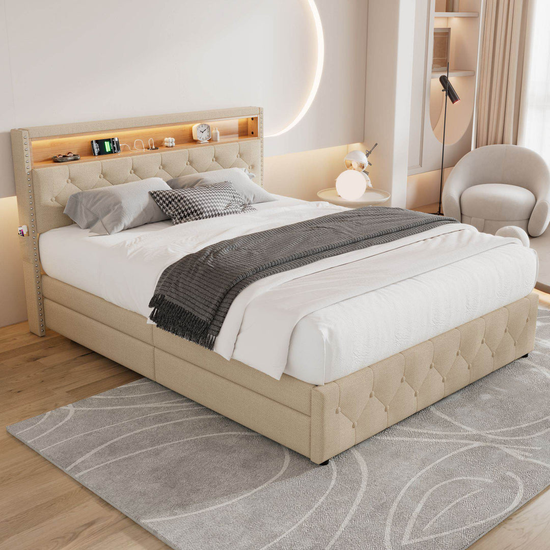 Double Linen Upholstered Bed with LED Lights and Four Storage Drawers