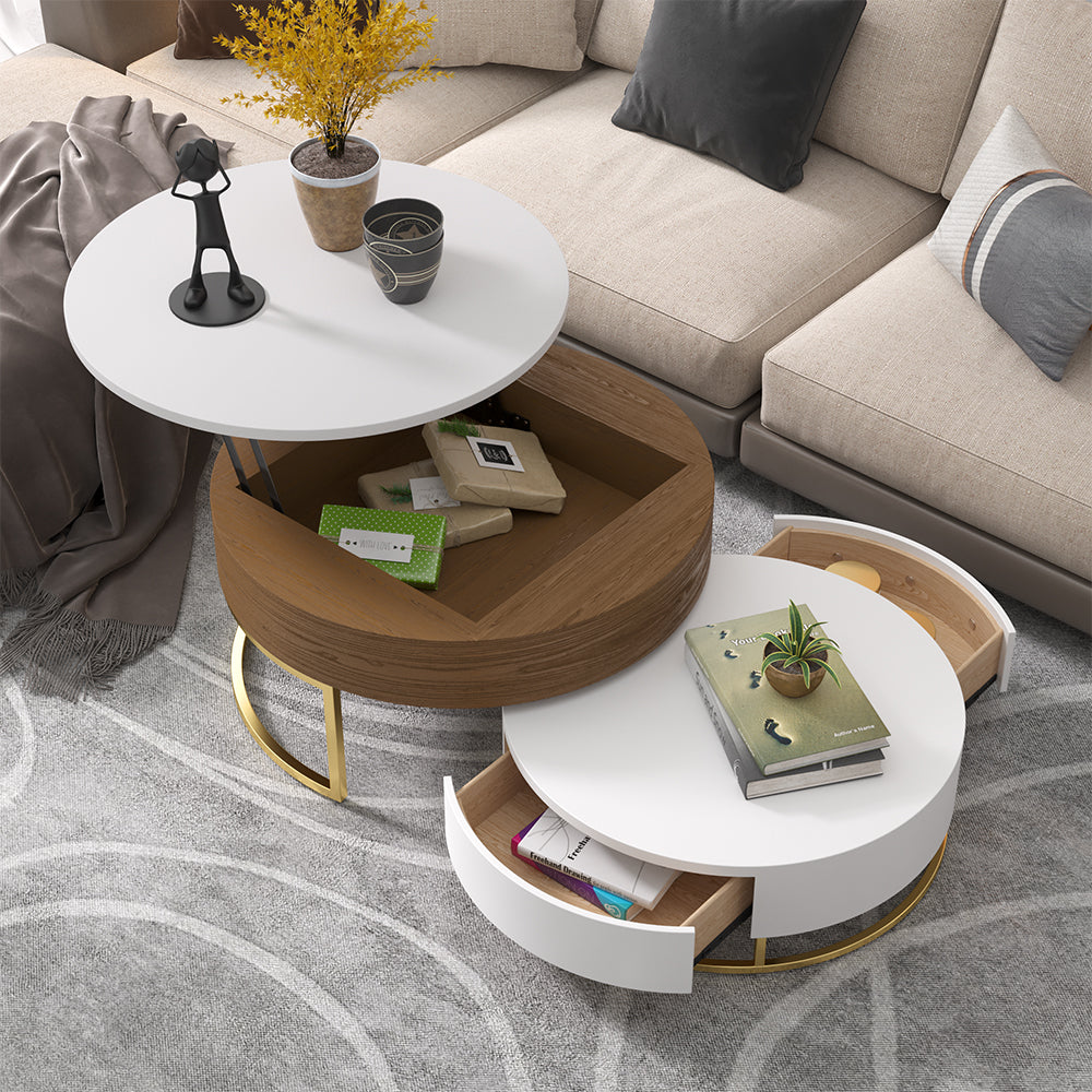 Round 2-Piece Nesting Set Lift-Top Coffee Table and Wooden Coffee Table with 2 Drawers