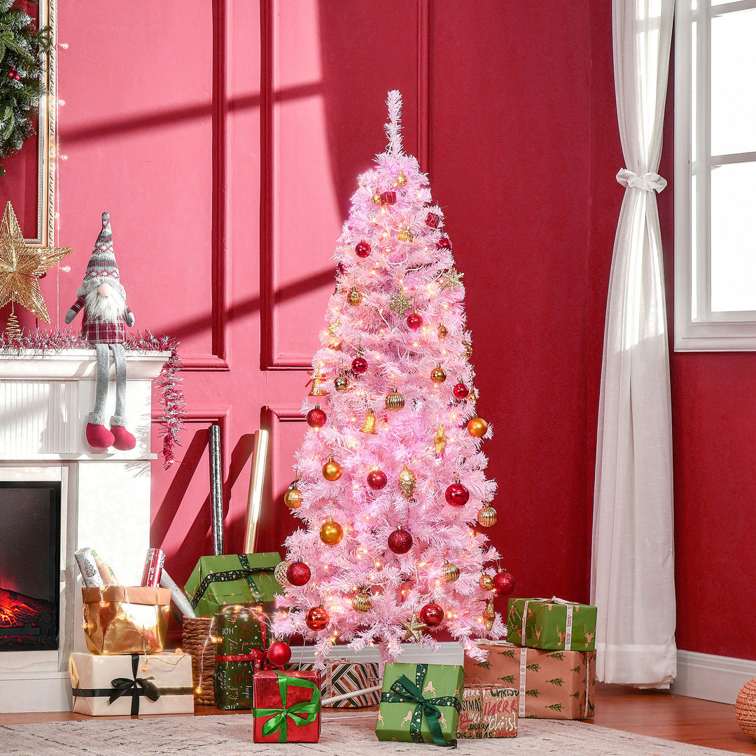 7' Tall Prelit Pencil Slim Artificial Christmas Tree w/ Realistic Branches