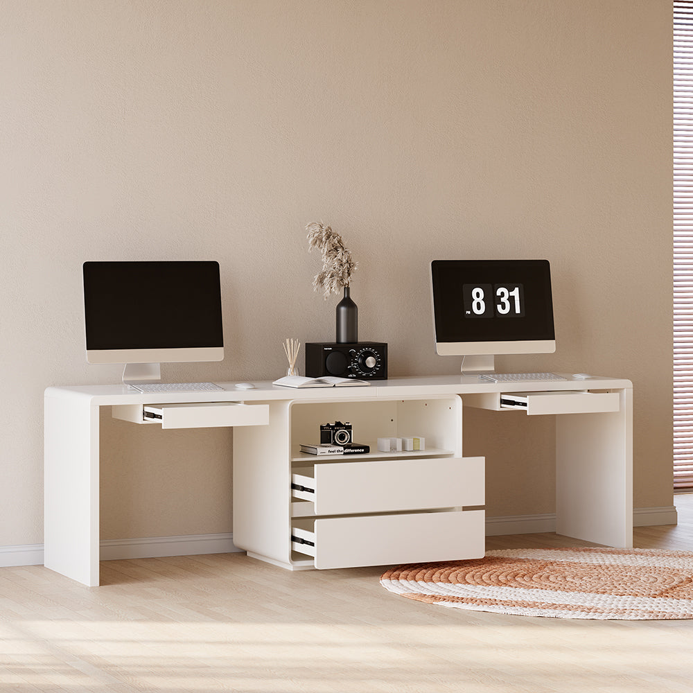 2-Person Double Computer Desk Modern White Retangular Office Desk with 4 Drawers & 1 Cabinet (2400mm)