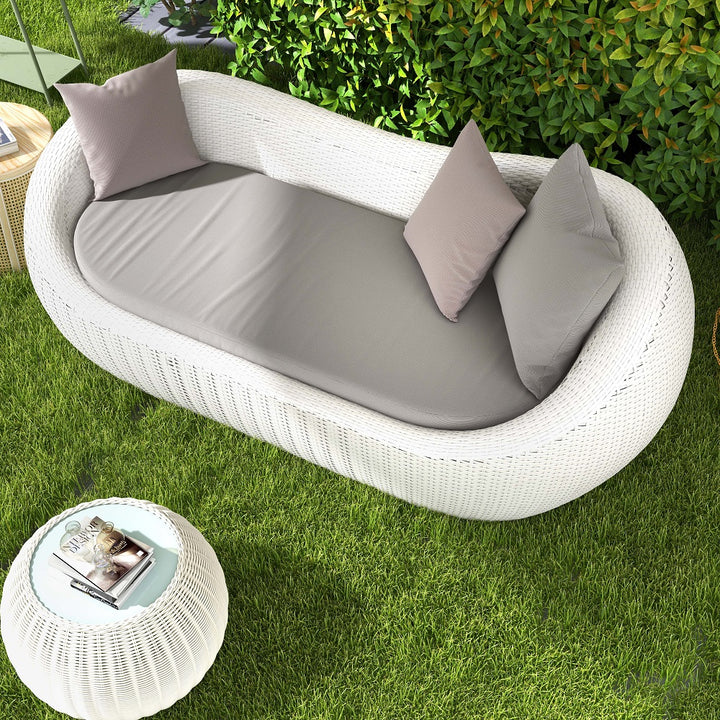 White Woven Rattan Round 1910mm Outdoor Sofa with Cushion & Pillow and Curved Back