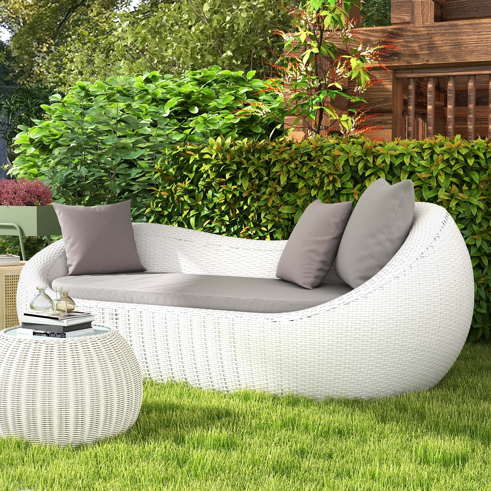 White Woven Rattan Round 1910mm Outdoor Sofa with Cushion & Pillow and Curved Back