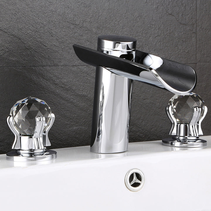 Morga Chrome Waterfall Bathroom 3 Hole Basin Tap with Crystal Handles