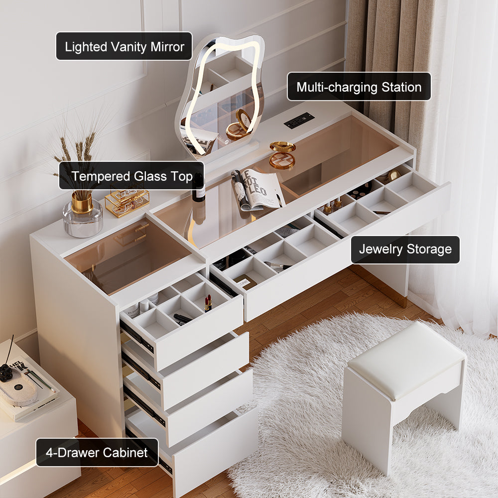 Modern Makeup Vanity Set with Lighted Vanity Mirror & Charging Station & Jewelry Storage Dressing Table