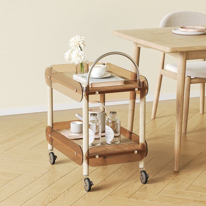 Wooden Natural Rolling 2-Tier Bar Cart on Wheel with Stainless Steel Handle Glass