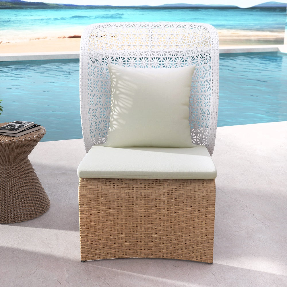 Hofer Rattan Outdoor Wingback Chair with White Cushion Pillow with Arched Bottom