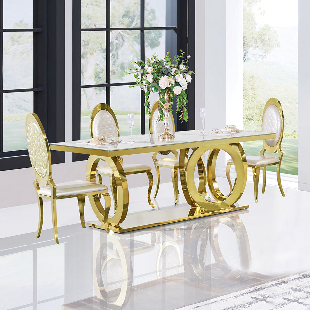 79" Rectangle Marble Dining Table Stainless Steel Base in Luxury Gold Modern White Dining Room Table