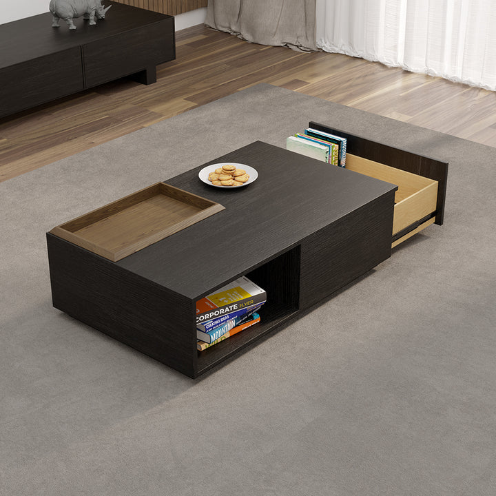 Crator Rectangular Wood Coffee Table with Drawer & Removable Tray top Black & Walnut A