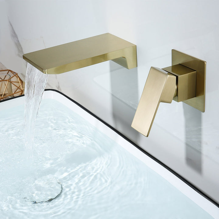 Waterfall Wall Mounted Brushed Gold Bathroom Basin Tap Single Lever Handle