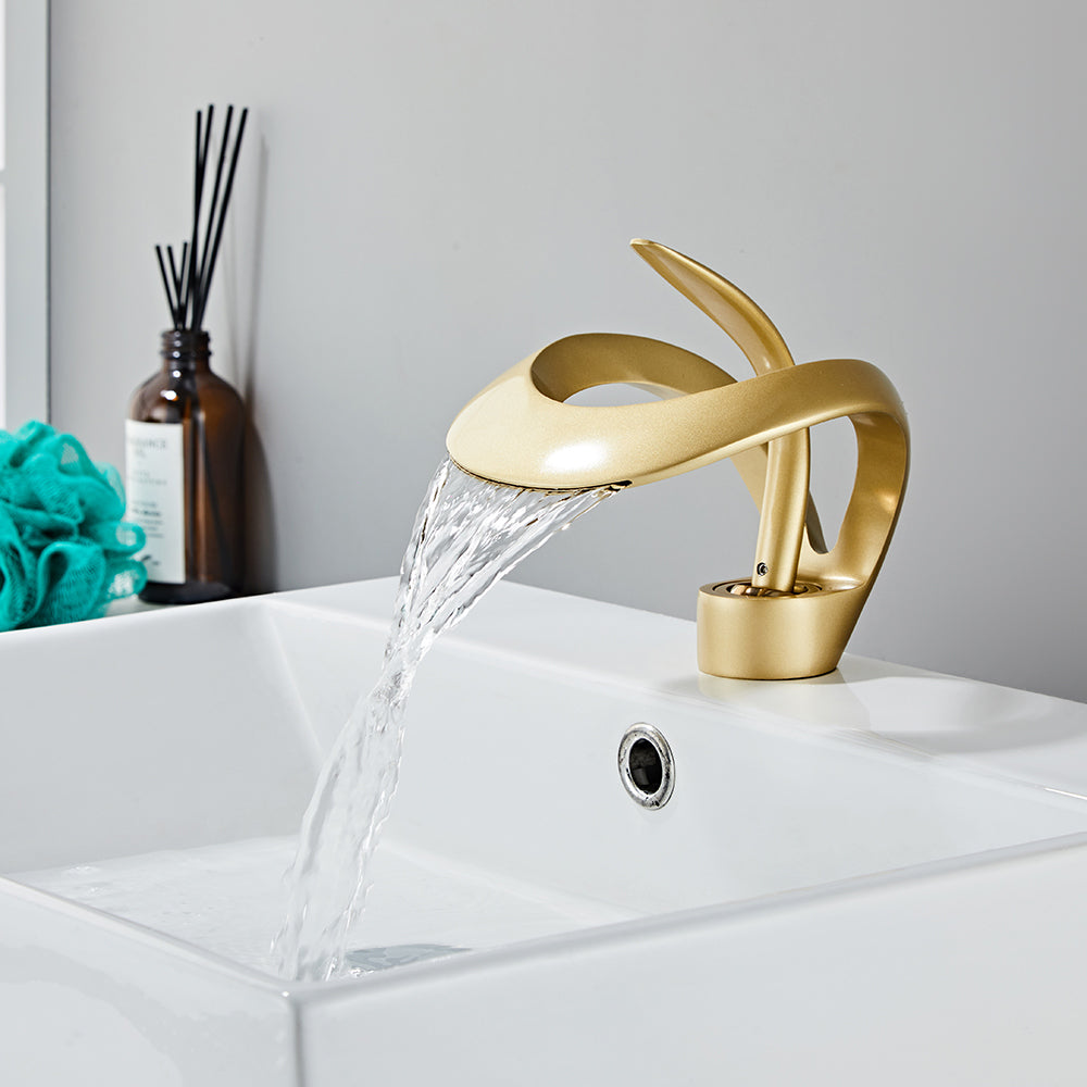 Modern Elegant Waterfall Bathroom Basin Tap Single Lever Handle Solid Brass in Gold