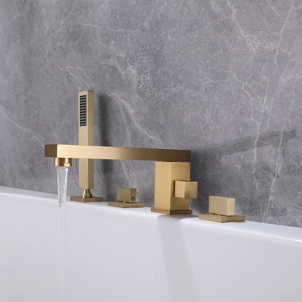 Deck Mounted Bath Filler Tap with Handshower Brushed Gold Swivel Spout