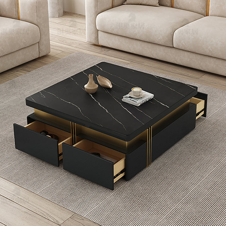 Trimied 1100mm Modern Black Square Storage Coffee Table Stone Top & 4 Wood Drawers