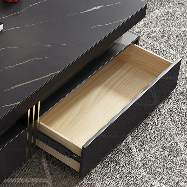 Trimied 1100mm Modern Black Square Storage Coffee Table Stone Top & 4 Wood Drawers