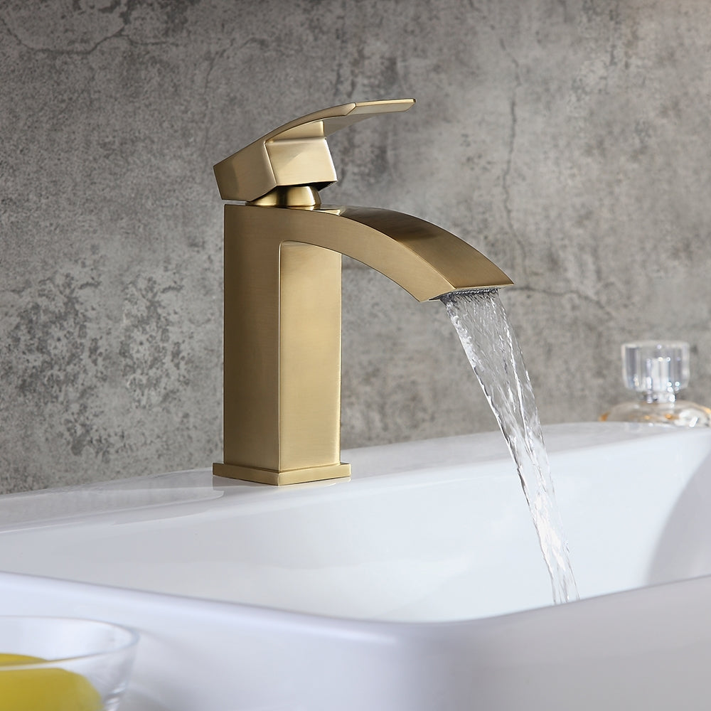 Ridge Contemporary Style Brushed Gold Single Hole Deck Mounted Bathroom Sink Faucet