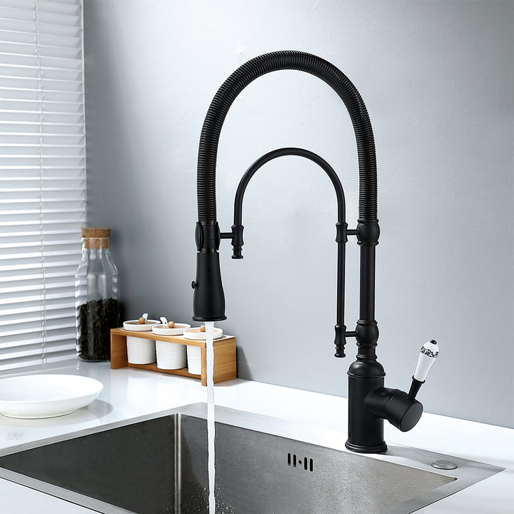 High Arc Dual-Mode Pull-Down Kitchen Faucet Solid Brass with Porcelain Handle