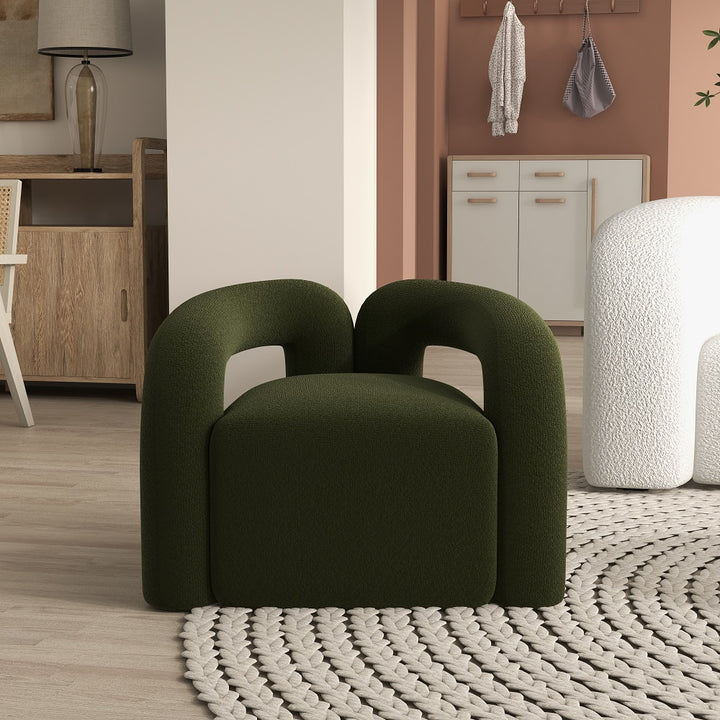 Japandi Dark Green Boucle Accent Chair Shaggy Armchair for Living Room