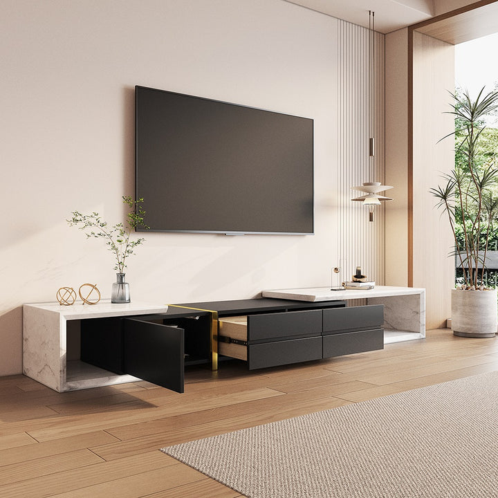 1300mm to 2200mm Extendable TV Stand White & Black Corner Media Console with 2 Drawers