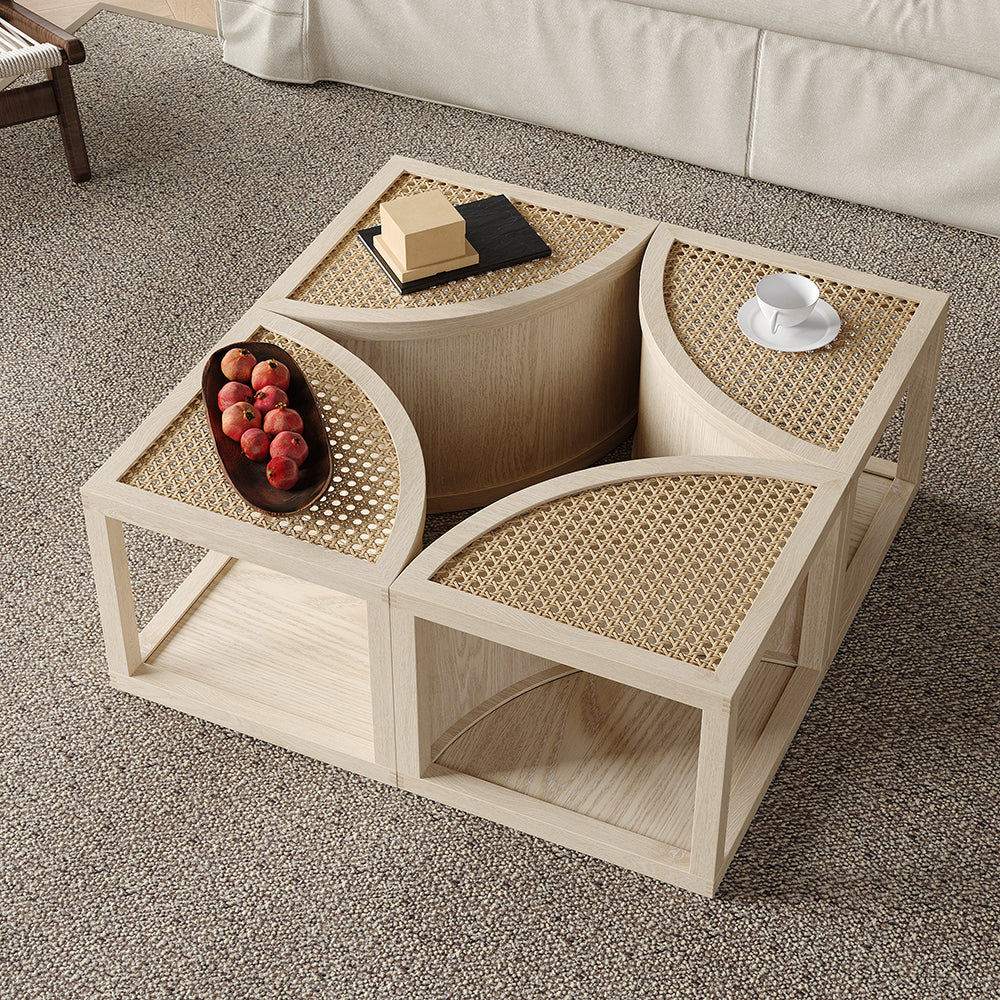 Round to Square Block Modular Coffee Table White Oak Rattan with Storage 4 Piece