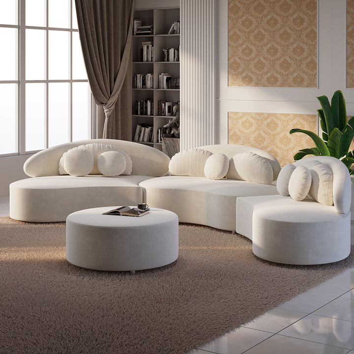 Homary Modern 7 Seat Sectional Sofa Curved Modular Beige Velvet Upholstered with Ottoman