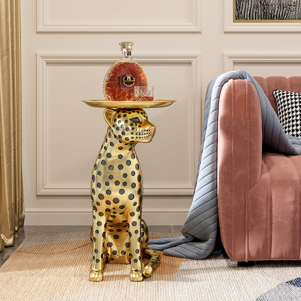 Resin Panther End Table Luxury Gold Leopard Accent Side Table with Tray Top Drink Table