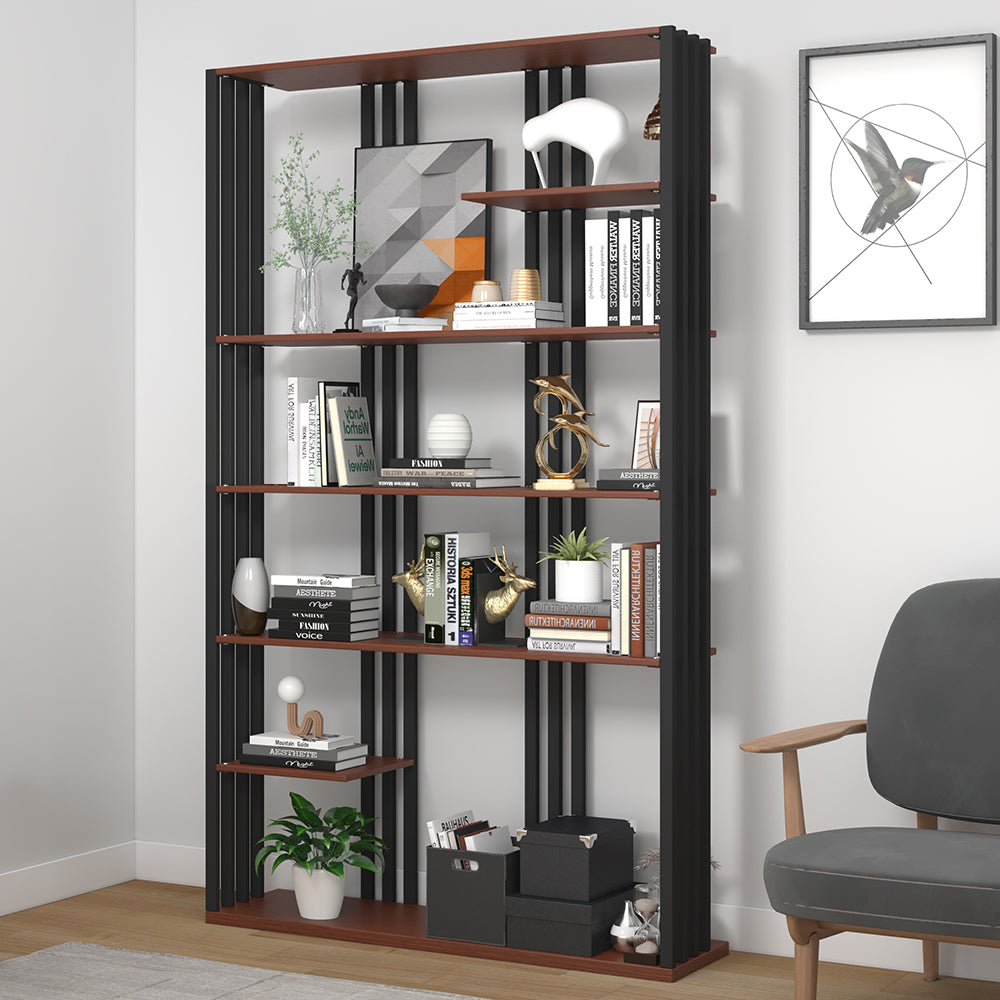 2000mm Industrial Black Walnut Etagere Bookshelf Display Shelving Tall Book Shelf in Ste