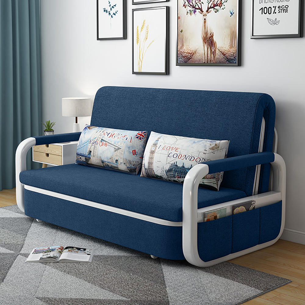 Blue Sleeper Sofa Bed Loveseat Cotton & Linen Upholstered with Solid Wood Frame