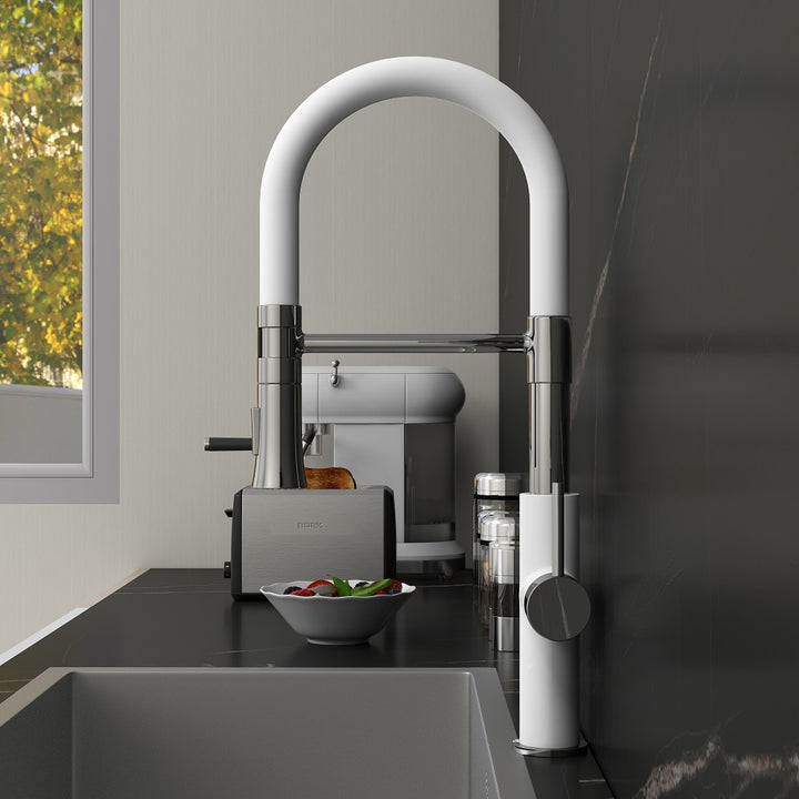 Modern Sleek White & Chrome Pull-Down Spray Kitchen Faucet Single Handle Solid Brass