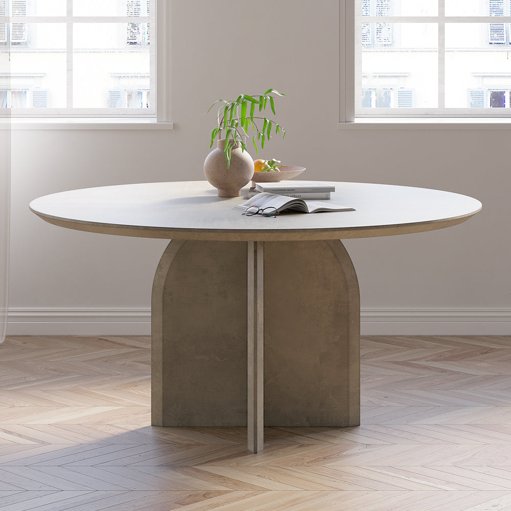 1000mm Modern Round Dining Table for 4 Grey Solid Wood Tabletop Pedestal Base