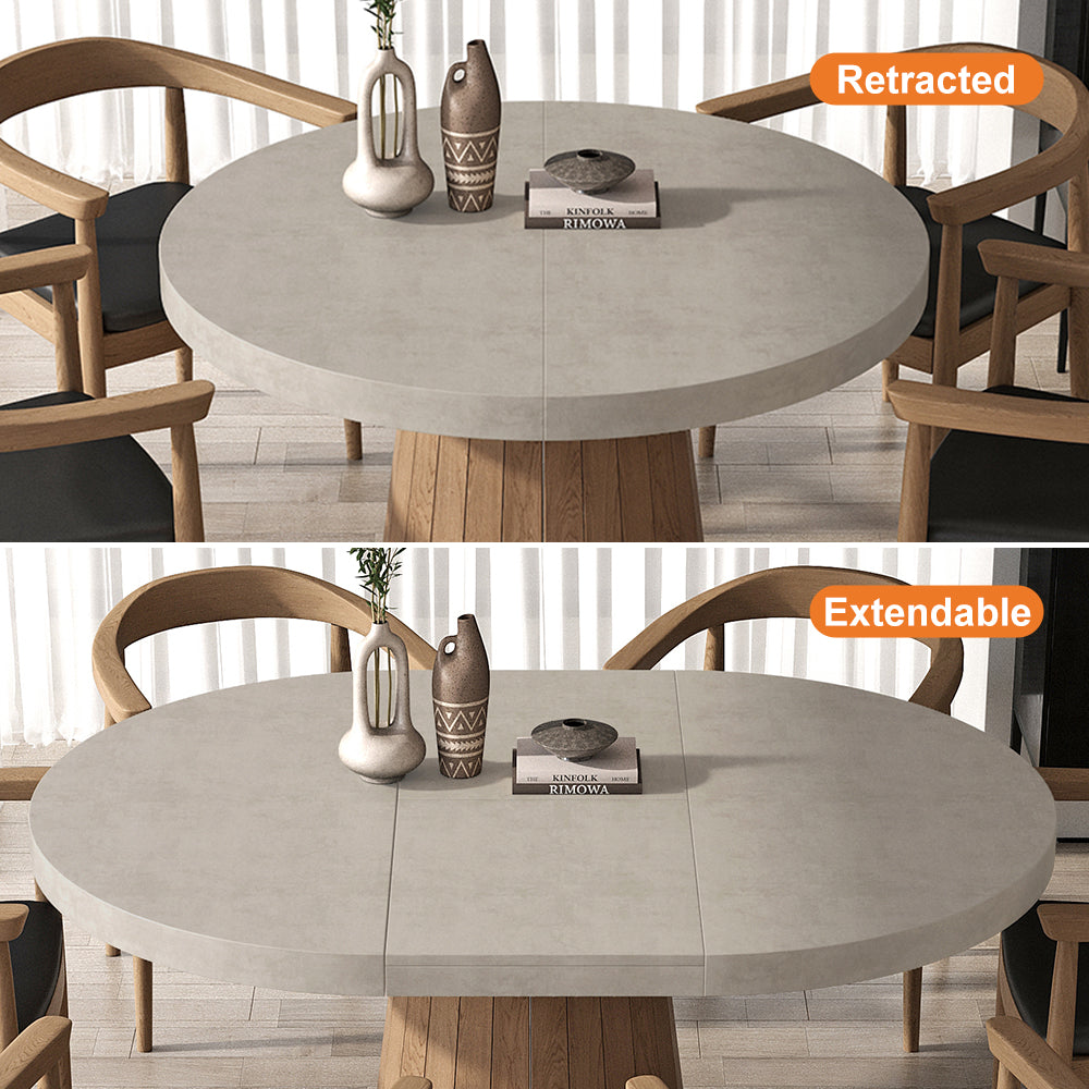 Extendable Dining Table Set 39"-55" Japandi Gray Dining Table & 6 Walnut Wood Dining Chairs