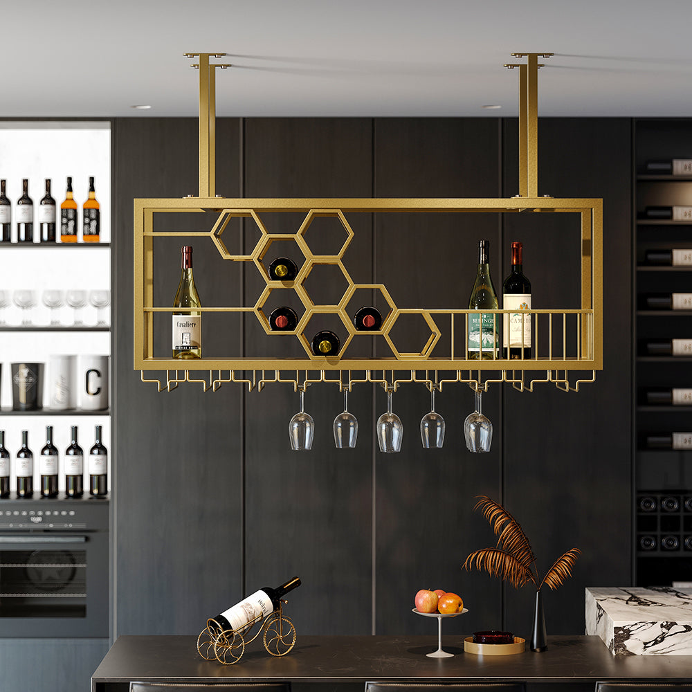 970mm Metal Hanging Wine Rack Golden Bar Shelf Floating Wine Glass Holder