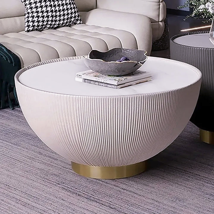 Round Sintered Stone Top Drum Coffee Table with Beige PU Leather Around and Stainless Steel Base