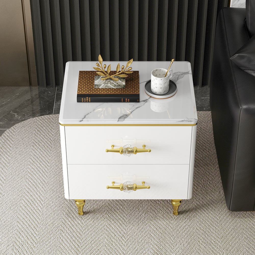 Chift Small Marble Top End Table Modern White Side Table with 2 Drawers Nightstand