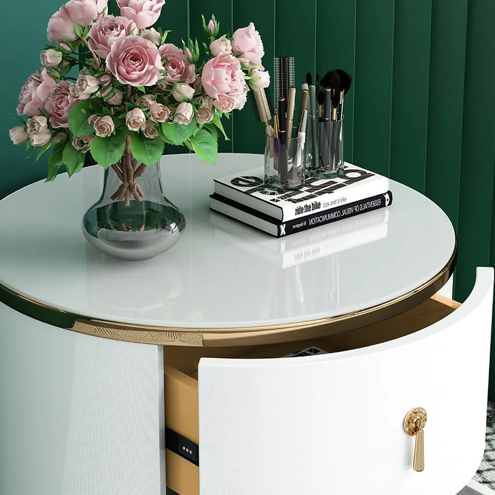 2-Drawer Round Bedside Table Modern White Bedside Table in Gold Finish