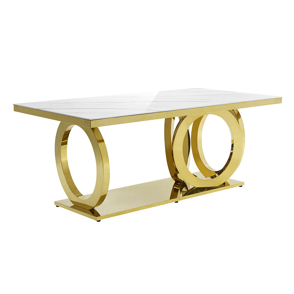 79" Rectangle Marble Dining Table Stainless Steel Base in Luxury Gold Modern White Dining Room Table