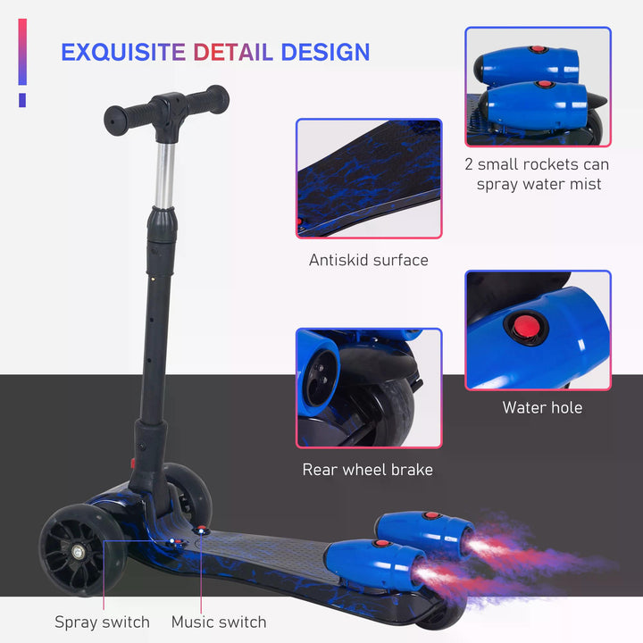 Kids 3 Wheel Kick Scooter Adjustable Height w/ Flashing Wheels Music Water Spray Foldable Design Cool On Off Road Vehicle Blue