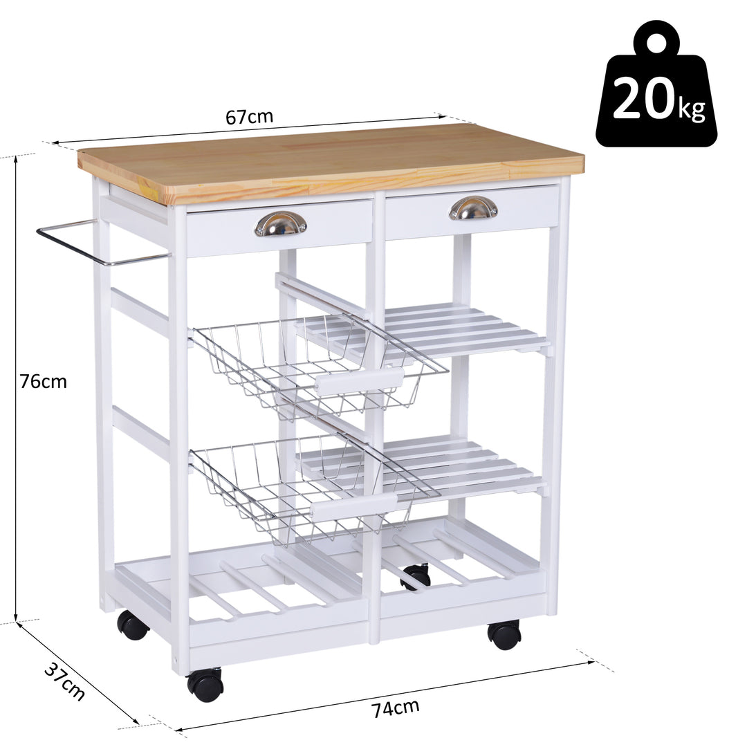 Rolling Kitchen Island Trolley Cart Drawer Shelves Basket Wheels W/ 6 Bottle Wine Rack White