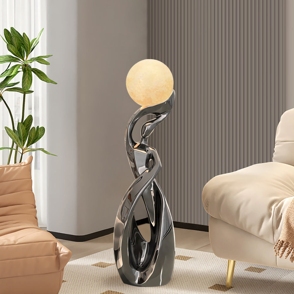 Silver Sculpture with Illuminated Sphere Modern Art Decor for Living Room