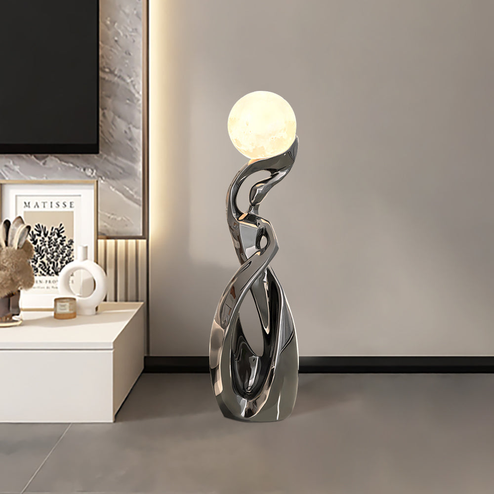 Silver Sculpture with Illuminated Sphere Modern Art Decor for Living Room