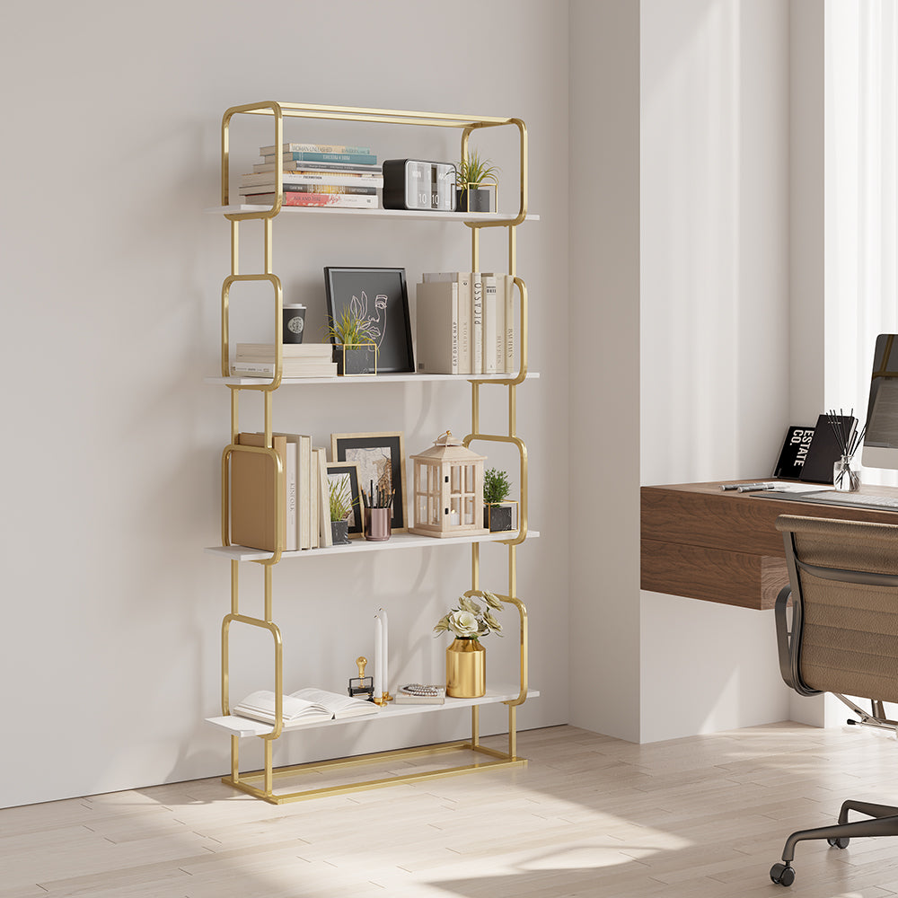 Modern White Faux Marble Narrow Console Table & Freestanding Etagere Bookshelf Set