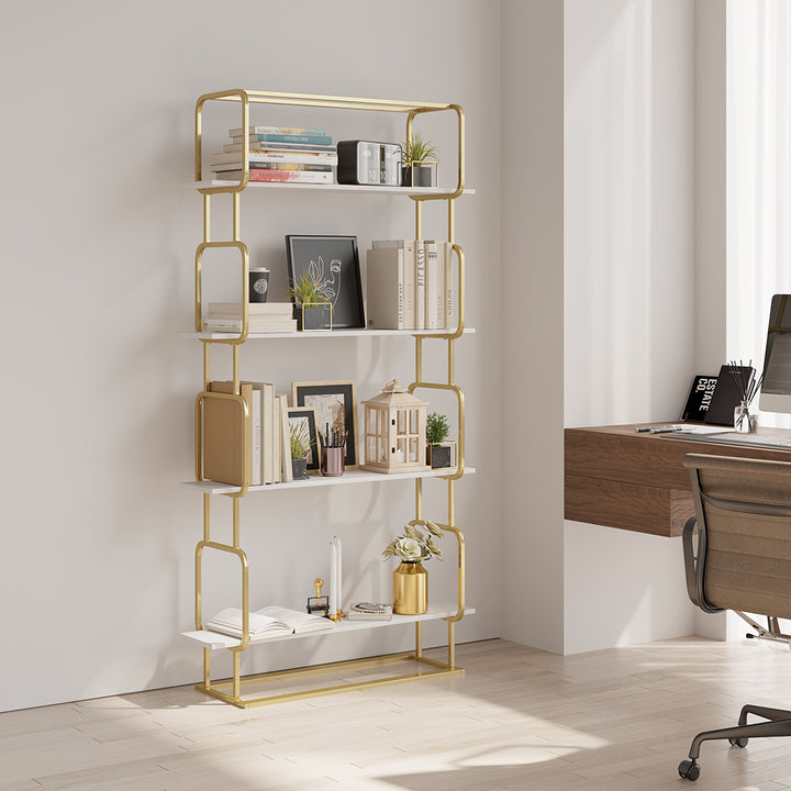 Modern White Faux Marble Narrow Console Table & Freestanding Etagere Bookshelf Set