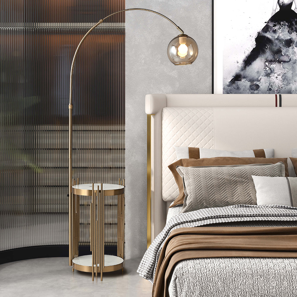 Modern Arc Floor Lamp End Table with Glass Shade, Wireless Charger & USB Port