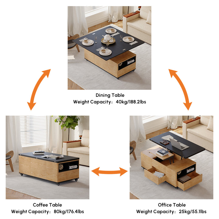 Modern Lift Top Coffee Table Multi Functional Table with 3 Drawers in Natural & Black