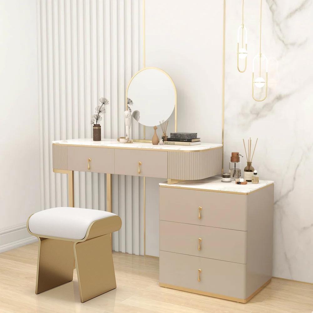 Makeup Vanity Extendable with 5-Drawer Dressing Table & Vanity Stool Set