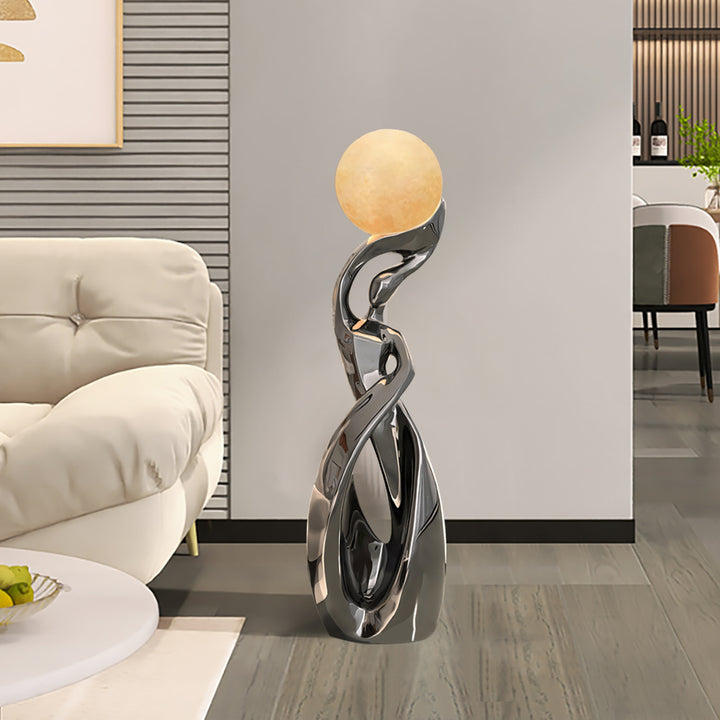 Silver Sculpture with Illuminated Sphere Modern Art Decor for Living Room