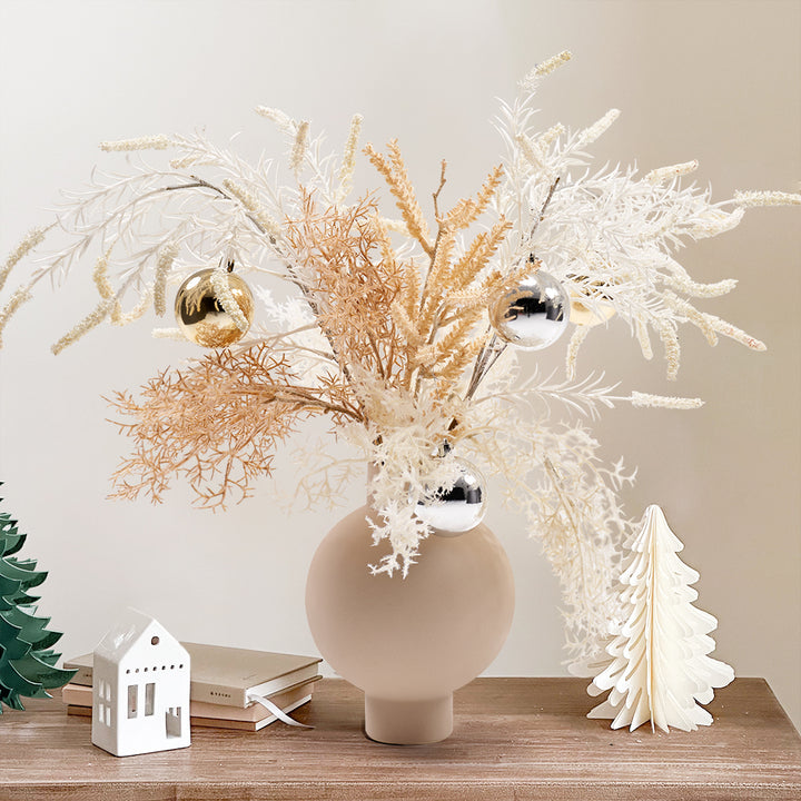 Christmas Rime White Artificial Flower in Vase with Decorative Balls Centerpiece Fake Flower Decor